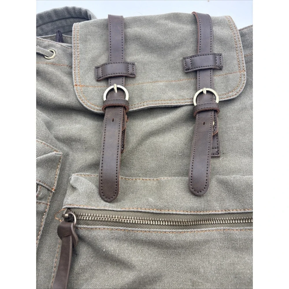 Bluboon VTG Canvas & Leather Army Green Rucksack Backpack Men's Bookbag Medium